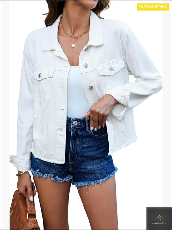 Jackets & Blazers - Distressed Denim Jacket Women Vintage Trucker Button Down Long Sleeve Frayed